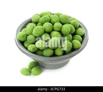 Delicious wasabi coated peanuts in bowl isolated on white Stock Photo