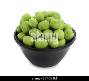 Delicious wasabi coated peanuts in bowl isolated on white Stock Photo