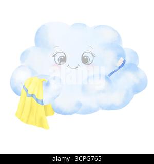 A fluffy cloud with towel and toothbrush. Watercolor illustration. Smiling cloud with eyes, isolated on white background. For children's printing and Stock Photo