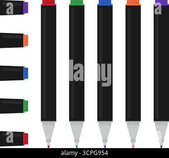 Colorful marker set with matching caps. School and office supplies vector on transparent background Stock Vector