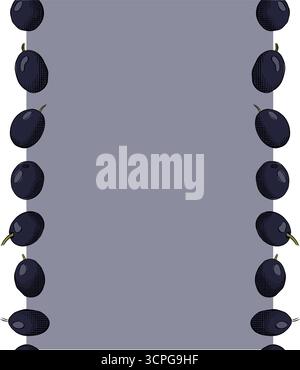 Olive black berry seamless border vertical frame template. Vector graphic line ink colored illustration. Silhouette sign for logo, print, comics, fash Stock Vector
