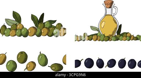 Olive berry, oil and leaves seamless border horizontal set. Vector graphic line ink colored illustration. Packaging print for food design For poster, Stock Vector
