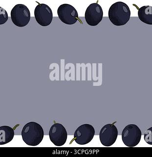 Black Olive berry seamless border horizontal frame template. Vector graphic line ink colored illustration. Fruitless rosemary, bay leaf circle frame f Stock Vector