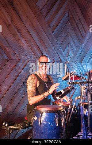 The Bristol funk band Stone Cold Hustle, on stage in Presteigne, Powys, UK Stock Photo