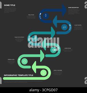 A dynamic 6-step winding blue and green infographic template with arrows and icons for illustrating a sequential process or workflow presentation. Vis Stock Vector
