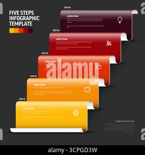 A vibrant five-step infographic template with colorful cards and icons against a dark background. This five-step infographic template is ideal for pre Stock Vector