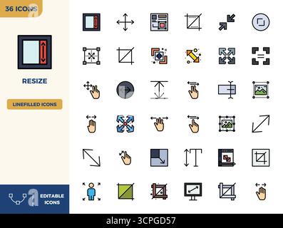 Sophisticated bundle of 36 Flat Lineal Color vector icons for Resize, engineered with 128x128 PIXEL perfect clarity for professional applications. Stock Vector