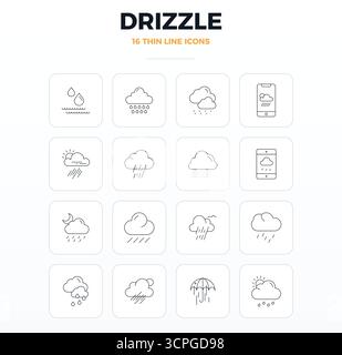 State-of-the-art bundle featuring 16 PIXEL perfect vector icons inspired by Drizzle, created in Thin Outline format at 128x128 for next-generation int Stock Vector