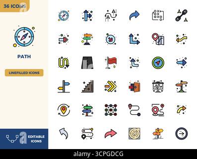 Contemporary collection of 36 vector icons representing Path in Flat Lineal Color aesthetic, featuring 128x128 PIXEL perfect resolution for modern app Stock Vector