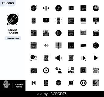 Perfectly balanced 42 Filled PIXEL perfect vector icons for Media Player, sized at 128x128 for harmonious integration in digital design projects. Stock Vector