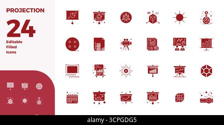 Strategic bundle featuring 24 vector icons representing Projection in Glyph Filled format, optimized with 128x128 PIXEL perfect quality for profession Stock Vector