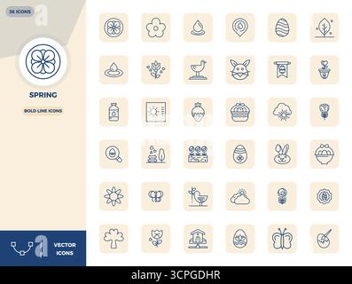 Contemporary collection of 36 vector icons representing Spring in Bold Line aesthetic, featuring 128x128 PIXEL perfect resolution for modern applicati Stock Vector