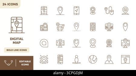 Comprehensive toolkit of 24 vector icons themed around Digital Map, developed in Heavy Line with 128x128 PIXEL perfect precision for versatile design Stock Vector