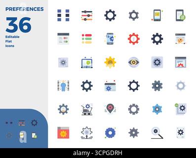 Comprehensive bundle featuring 36 vector icons in Flat design for Preferences, delivered in crisp 128x128 PIXEL perfect quality. Stock Vector