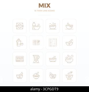 Ultimate collection of 16 vector icons representing Mix in Thin Outline aesthetic, optimized with 128x128 PIXEL perfect resolution for maximum impact. Stock Vector