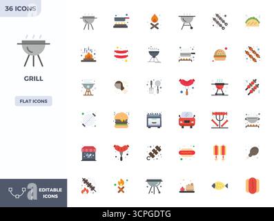 Intelligently designed 36 PIXEL perfect vector icons inspired by Grill, created in Flat Color format at 128x128 for smart and efficient design workflo Stock Vector