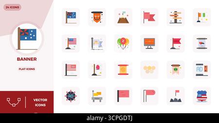 Masterfully created 24 vector icons representing Banner in Flat design, featuring 128x128 PIXEL perfect resolution for exceptional visual quality. Stock Vector
