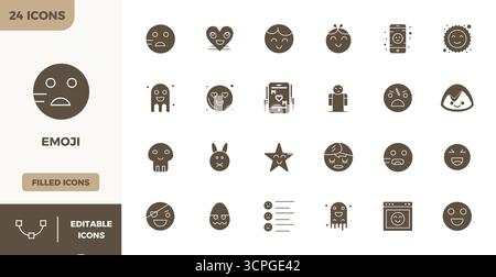 Industry-leading pack of 24 Filled PIXEL perfect vector icons for Emoji, sized at 128x128 for optimal rendering and user interface excellence. Stock Vector