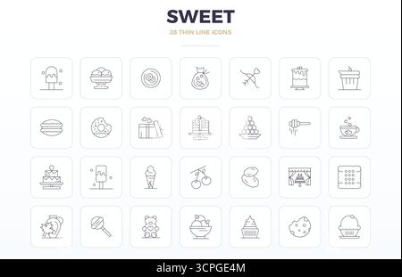 A dynamic set of 28 vector icons in Thin Outline, tailored for Sweet with 128x128 PIXEL perfect quality suited for digital products. Stock Vector