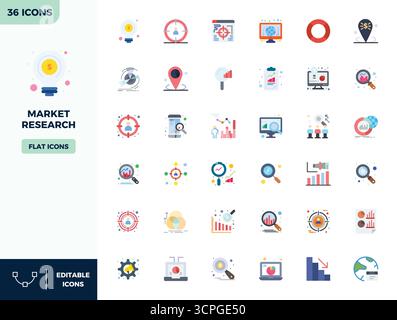 Carefully curated 36 Flat Color vector icons for Market Research, featuring 128x128 PIXEL perfect resolution for consistent brand representation and u Stock Vector