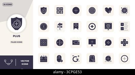 Complete package of 24 vector icons themed around Plus, showcasing Filled design in 128x128 PIXEL perfect quality for modern interfaces. Stock Vector