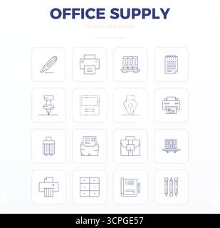 This Office Supply vector icon pack includes 16 Thin Outline designs in 128x128 PIXEL perfect format, perfect for enhancing digital interfaces. Stock Vector