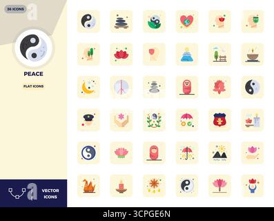 Exceptional collection of 36 Flat vector icons for Peace, delivered in 128x128 PIXEL perfect resolution for unparalleled visual excellence and usabili Stock Vector