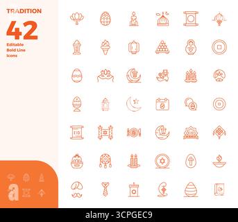 Exclusive collection of 42 Bold Line vector icons for Tradition, developed with 128x128 PIXEL perfect resolution for premium brand experiences. Stock Vector