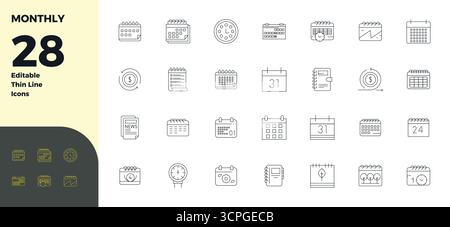 State-of-the-art bundle featuring 28 PIXEL perfect vector icons inspired by Monthly, created in Thin Line format at 128x128 for next-generation interf Stock Vector