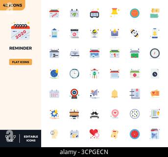 Strategic bundle featuring 42 vector icons representing Reminder in Flat Color format, optimized with 128x128 PIXEL perfect quality for professional w Stock Vector