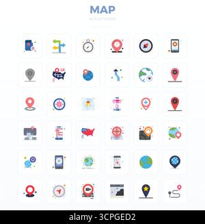A dynamic set of 36 vector icons in Minimal Flat, tailored for Map with 128x128 PIXEL perfect quality suited for digital products. Stock Vector