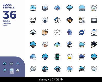 Professional-grade collection of 36 Duotone vector icons representing Cloud Service, crafted with 128x128 PIXEL perfect precision for enterprise appli Stock Vector