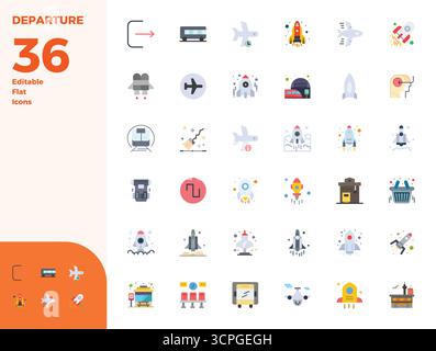 Carefully curated 36 Flat vector icons for Departure, featuring 128x128 PIXEL perfect resolution for consistent brand representation and user experien Stock Vector