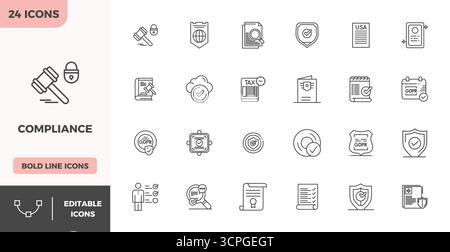 This set of 24 Heavy Line vector icons captures Compliance themes in 128x128 PIXEL perfect quality, perfect for tech and business applications. Stock Vector