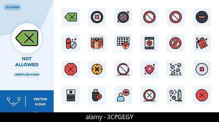 Ultimate collection of 24 vector icons representing Not Allowed in LineFilled aesthetic, optimized with 128x128 PIXEL perfect resolution for maximum i Stock Vector