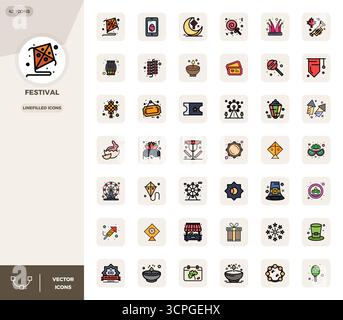 Thoughtfully designed 42 vector icons themed around Festival, crafted in LineFilled with 128x128 PIXEL perfect precision for contemporary design needs Stock Vector