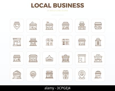 Essential pack of 24 PIXEL perfect vector icons for Local Business in Strong Outline format, sized at 128x128 for optimal performance and scalability. Stock Vector