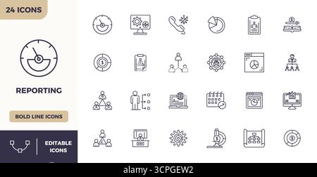 Perfectly balanced 24 Heavy Line PIXEL perfect vector icons for Reporting, sized at 128x128 for harmonious integration in digital design projects. Stock Vector