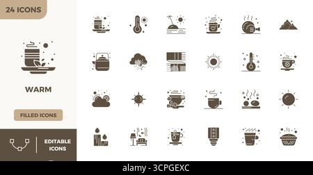 A versatile set of 24 Filled PIXEL perfect vector icons focused on Warm, delivered in crisp 128x128 format ideal for mobile and web applications. Stock Vector
