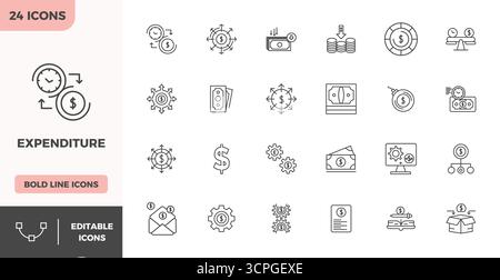 Collection of 24 Heavy Line PIXEL perfect vector icons for Expenditure, designed in 128x128 format for clarity and versatility. Stock Vector