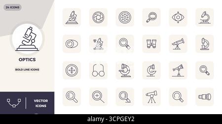 Distinctive pack of 24 PIXEL perfect vector icons inspired by Optics, crafted in Bold Line format at 128x128 for memorable brand experiences. Stock Vector