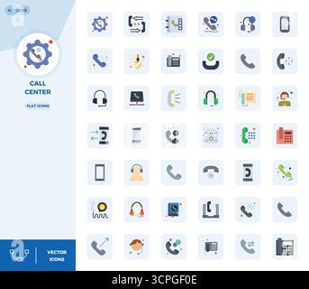 Vector pack with 42 Flat PIXEL perfect icons inspired by Call Center, delivered in 128x128 resolution ideal for scalable and creative design work. Stock Vector