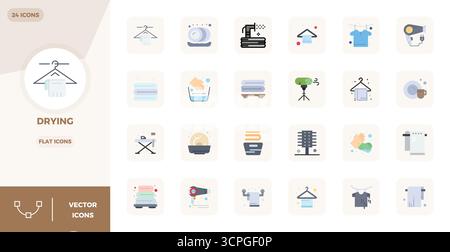 This Drying vector icon pack includes 24 Flat designs in 128x128 PIXEL perfect format, perfect for enhancing digital interfaces. Stock Vector