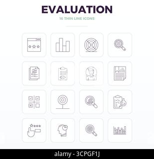 Masterfully created 16 vector icons representing Evaluation in Thin Outline design, featuring 128x128 PIXEL perfect resolution for exceptional visual Stock Vector
