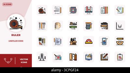 Exceptional collection of 24 LineFilled vector icons for Ruler, delivered in 128x128 PIXEL perfect resolution for unparalleled visual excellence and u Stock Vector