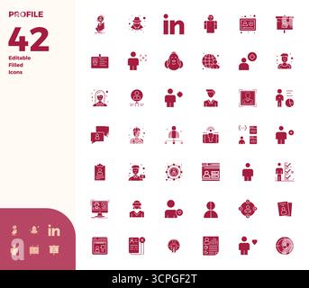 Sophisticated bundle of 42 Glyph Filled vector icons for Profile, engineered with 128x128 PIXEL perfect clarity for professional applications. Stock Vector