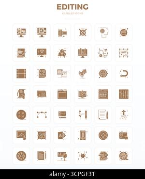 Curated pack of 42 128x128 vector icons in SolidFill design, centered around Editing concepts with PIXEL perfect clarity. Stock Vector
