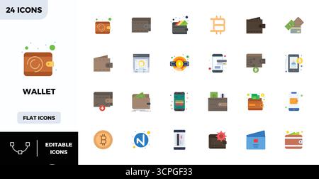 Exceptional collection of 24 Flat Color vector icons for Wallet, delivered in 128x128 PIXEL perfect resolution for unparalleled visual excellence and Stock Vector