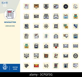 Comprehensive bundle featuring 42 vector icons in LineFilled design for Newsletter, delivered in crisp 128x128 PIXEL perfect quality. Stock Vector