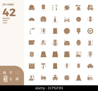 Strategic bundle featuring 42 vector icons representing Driving in Glyph Filled format, optimized with 128x128 PIXEL perfect quality for professional Stock Vector